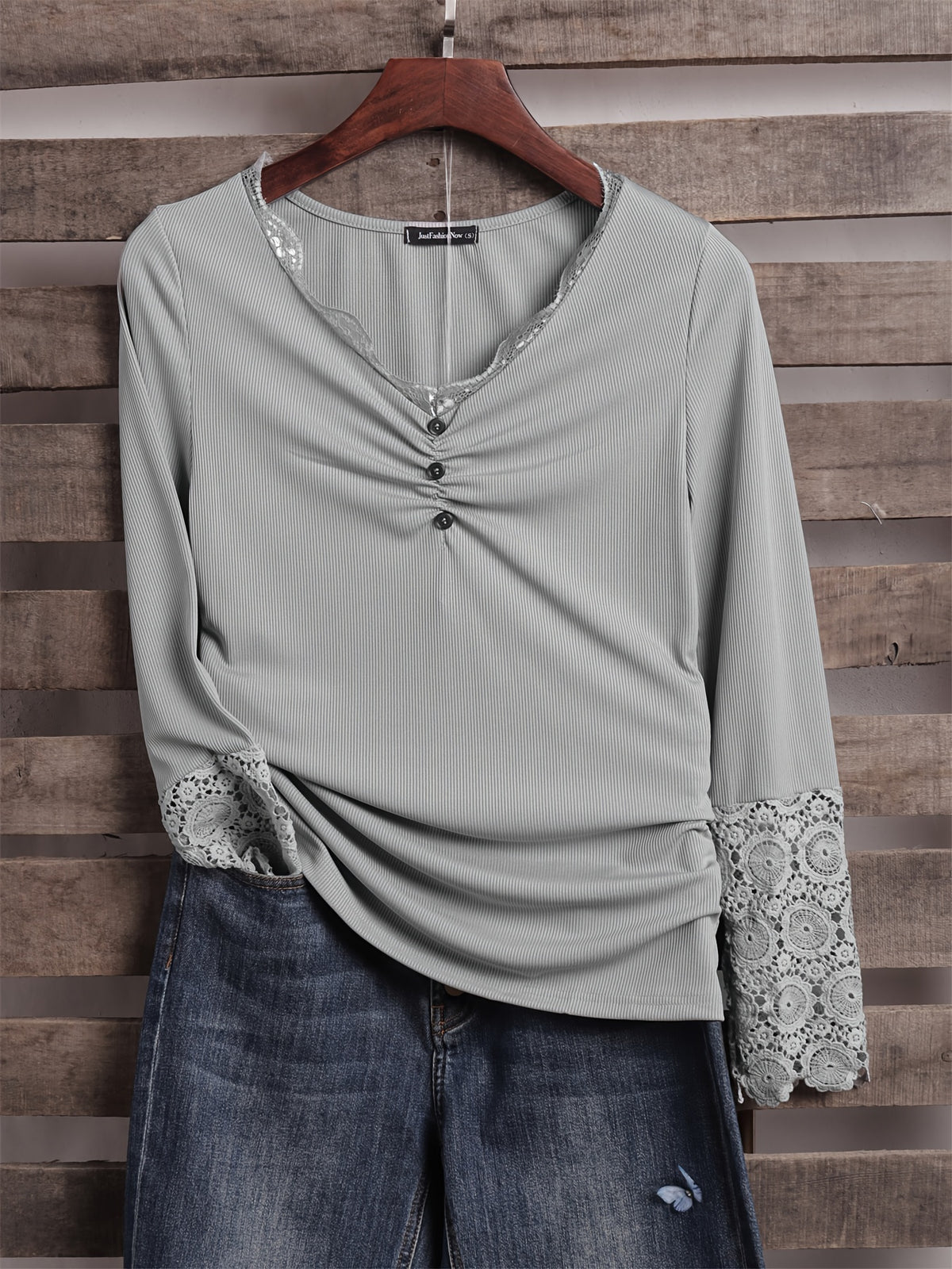 Lace Stitching V Neck Long Sleeve T-Shirt