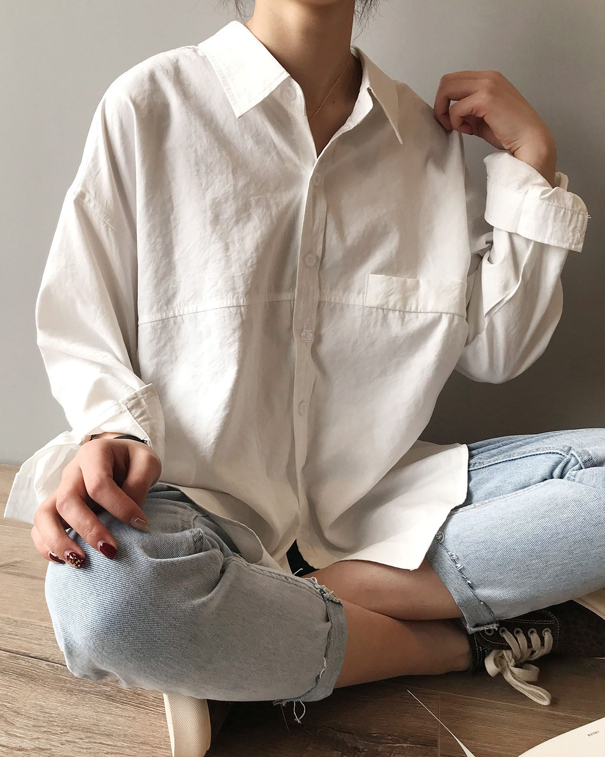 Cotton-look suede silhouette long-sleeved retro shirt