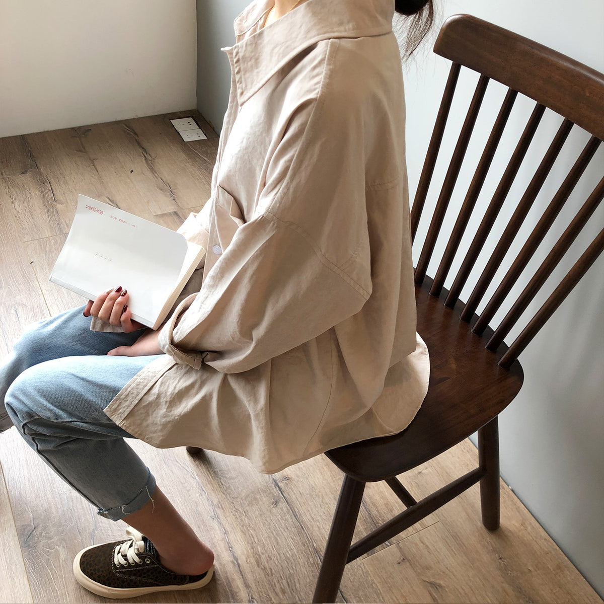 Cotton-look suede silhouette long-sleeved retro shirt