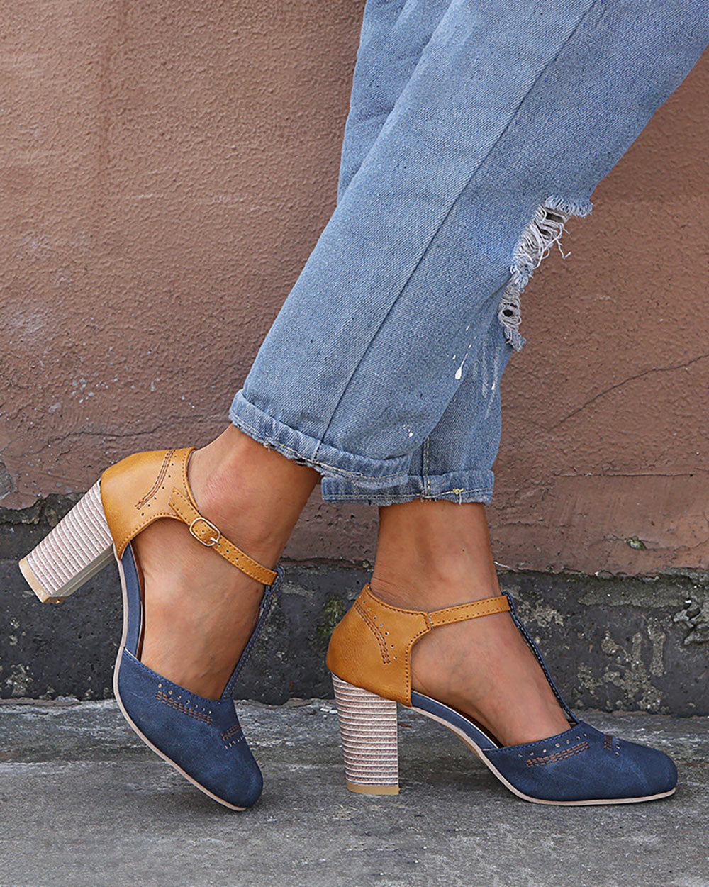 Sandalias vintage con bloques de color Zapatos casuales con hebilla de tacón grueso