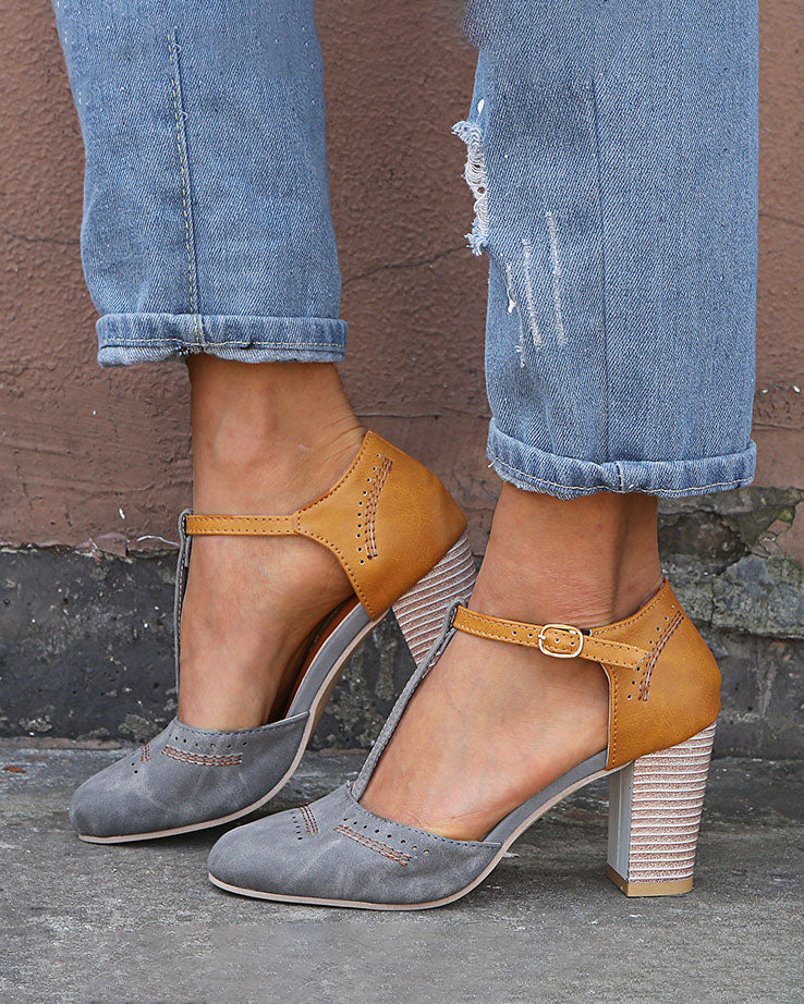 Sandales à blocs de couleurs vintage, chaussures décontractées à talons épais avec boucle