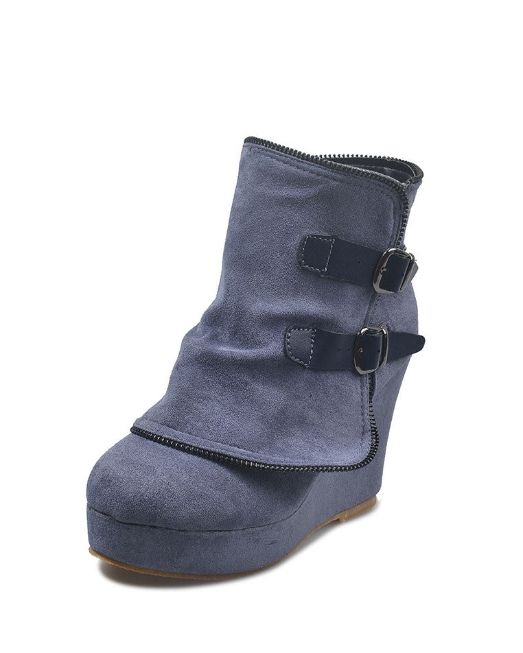 Pointed wedge heel belt buckle zip-up boots