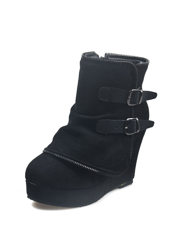 Pointed wedge heel belt buckle zip-up boots