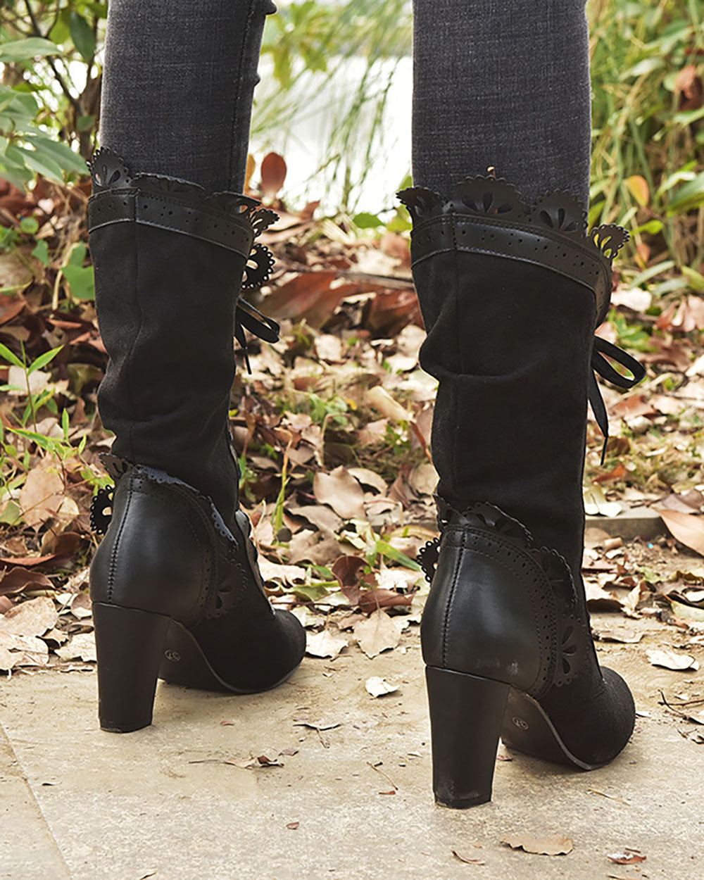 Hollow edge lace-up high heel mid-calf boots