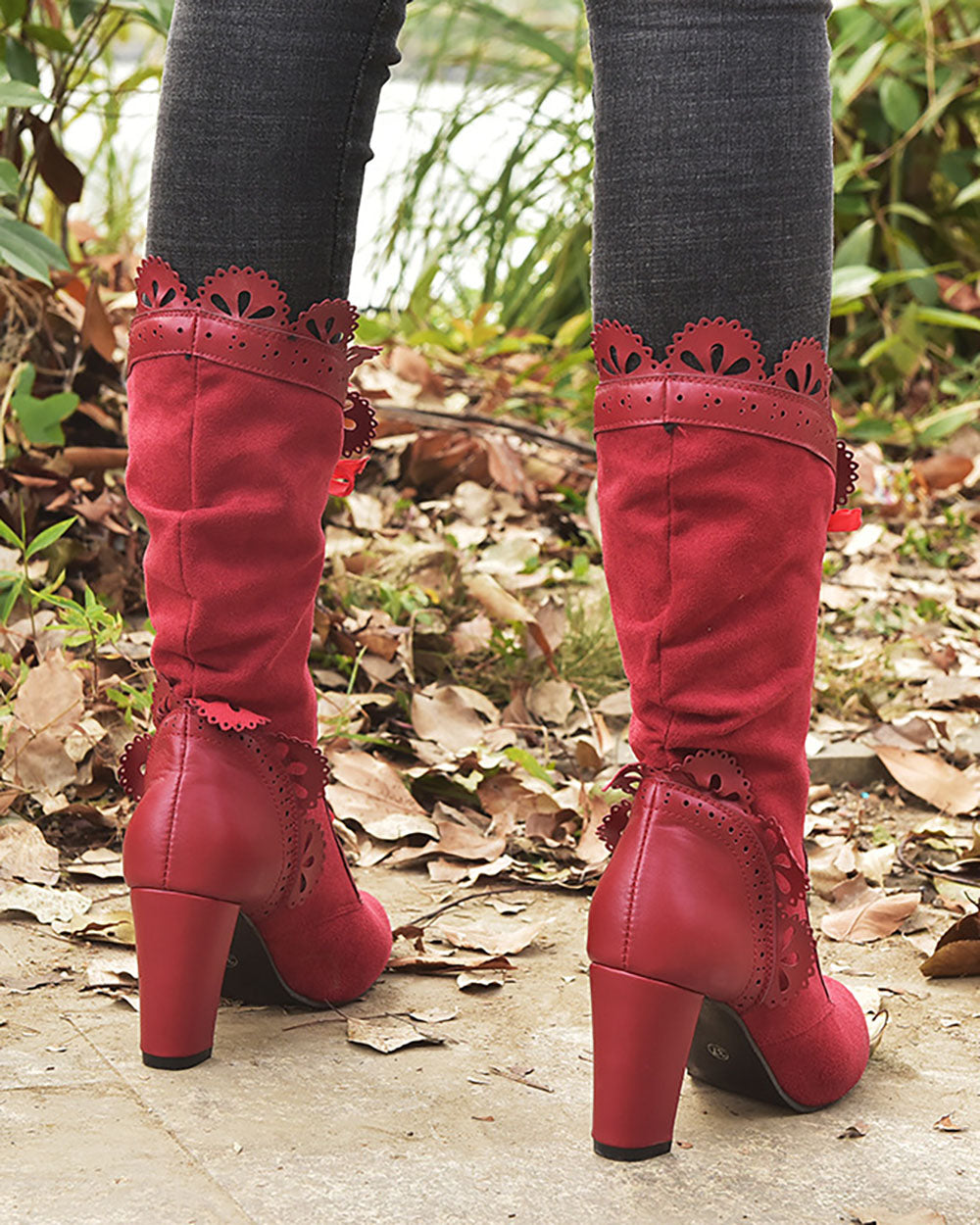 Hollow edge lace-up high heel mid-calf boots