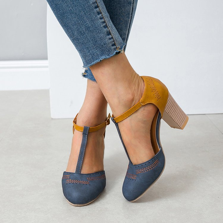 Vintage Color Block Sandals Casual Chunky Heel Buckle Shoes