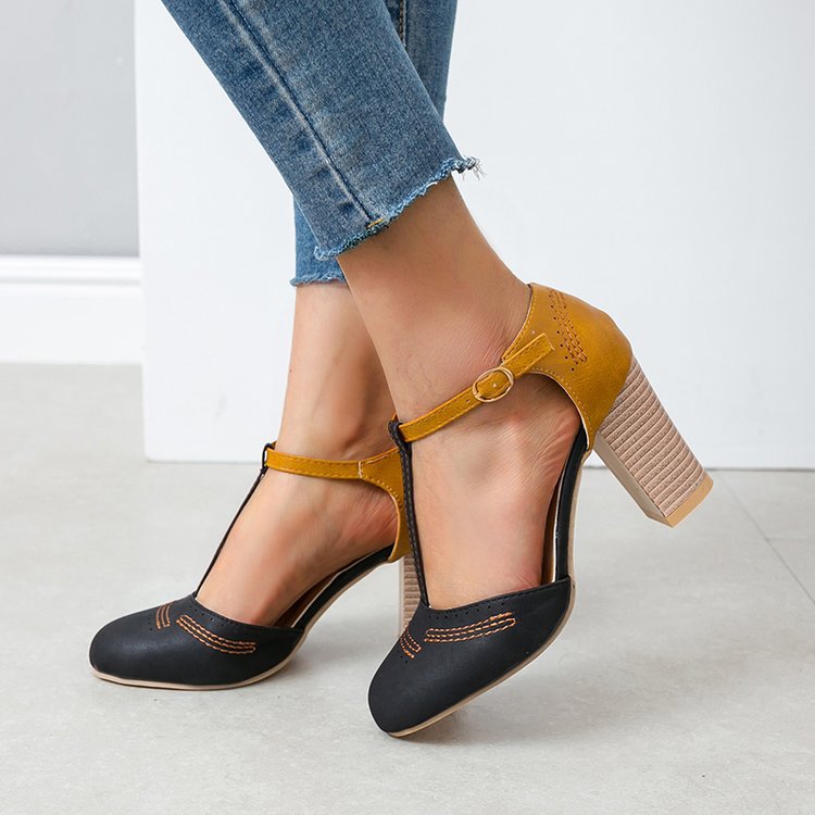 Vintage Color Block Sandals Casual Chunky Heel Buckle Shoes