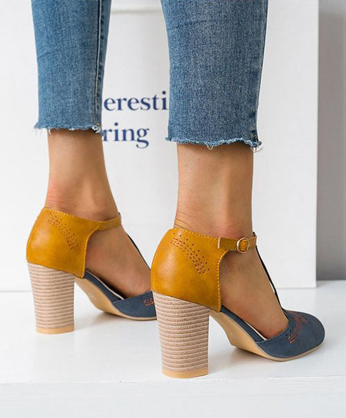 Vintage Color Block Sandals Casual Chunky Heel Buckle Shoes