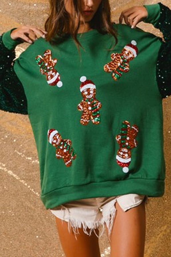 Christmas Casual Loose Round Neck Sequined Sleeve Sweatshirt