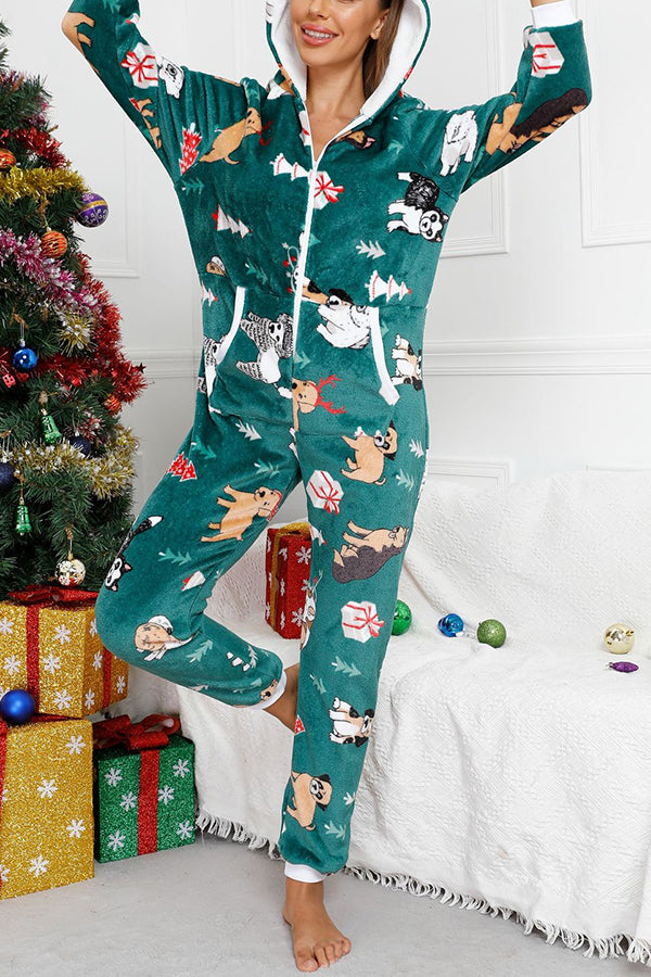 Festive Flavors Printed FlannelZipper Pocket Hooded Pajama Jumpsuit