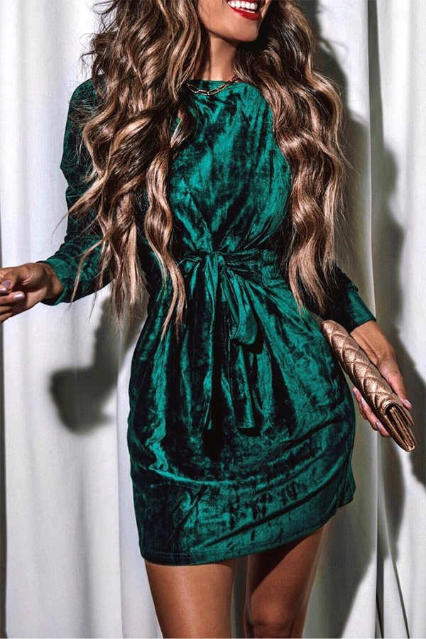 Christmas Tie Waist Velvet Round Neck Long Sleeve Mini Dress