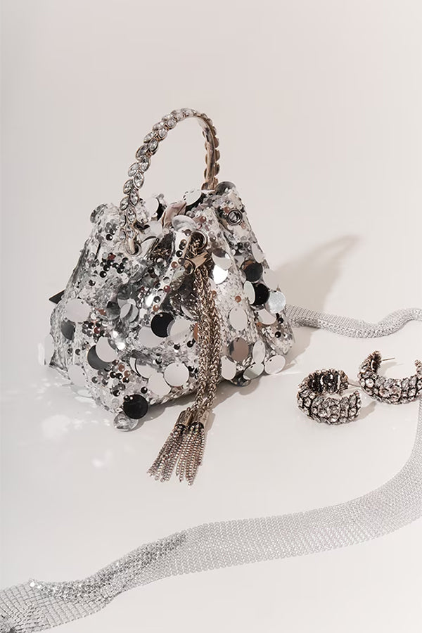 Sequin Pouch Metal Handle Hand Bag