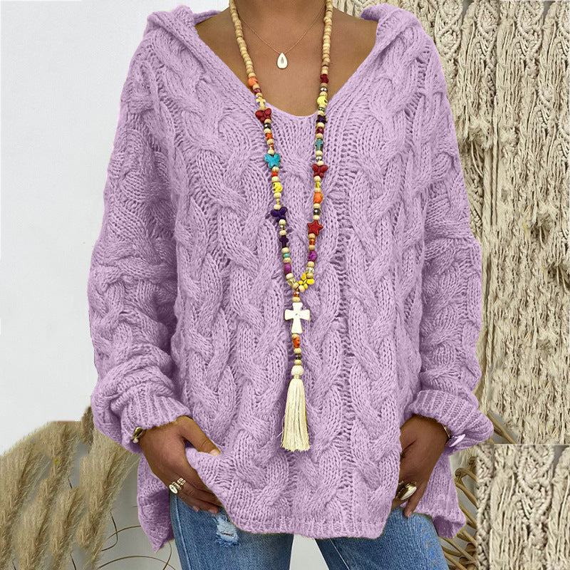 Loose thick-knit twist hooded sweater