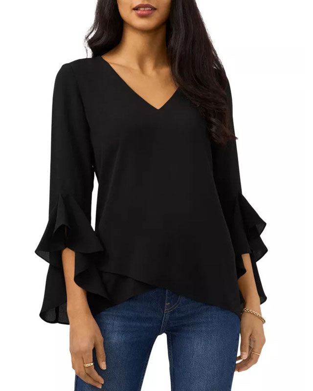 Seven-Quarter Flared Sleeves Black V-neck Shirt