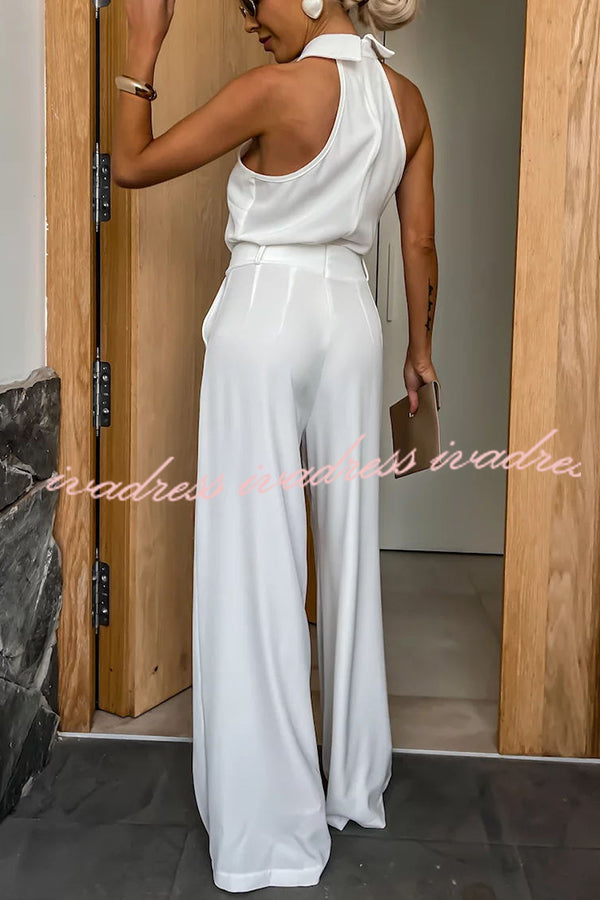 Fashionable Unique Look Halter Shirt Collar Pocketed Wide Leg Jumpsuit