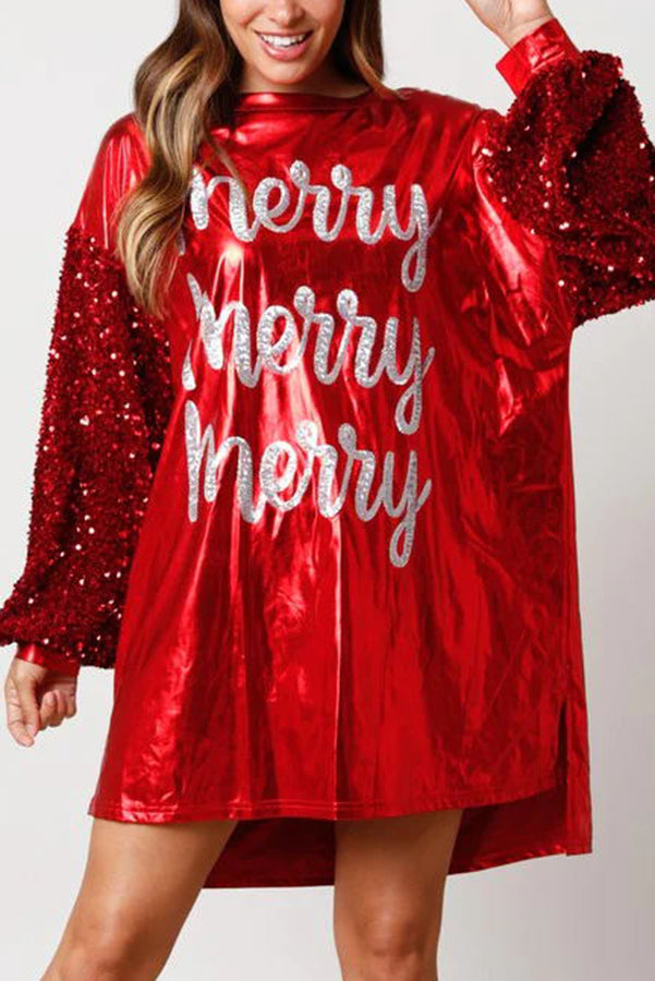 Verry Merry Sequin Sleeve Metallic Patchwork Loose Mini Dress