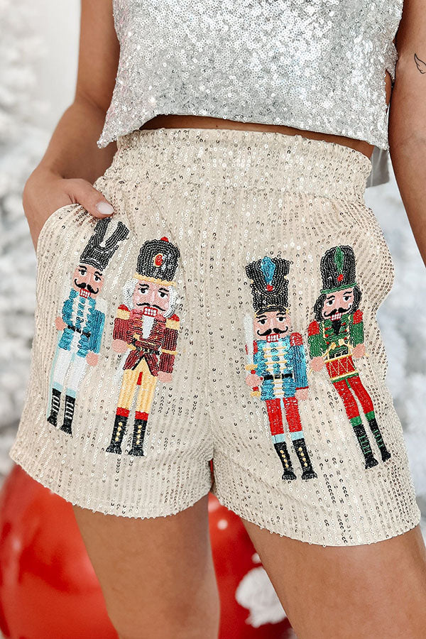 Magic of The Holidays Sequined Nutcracker Stretch Waist Pocket Shorts