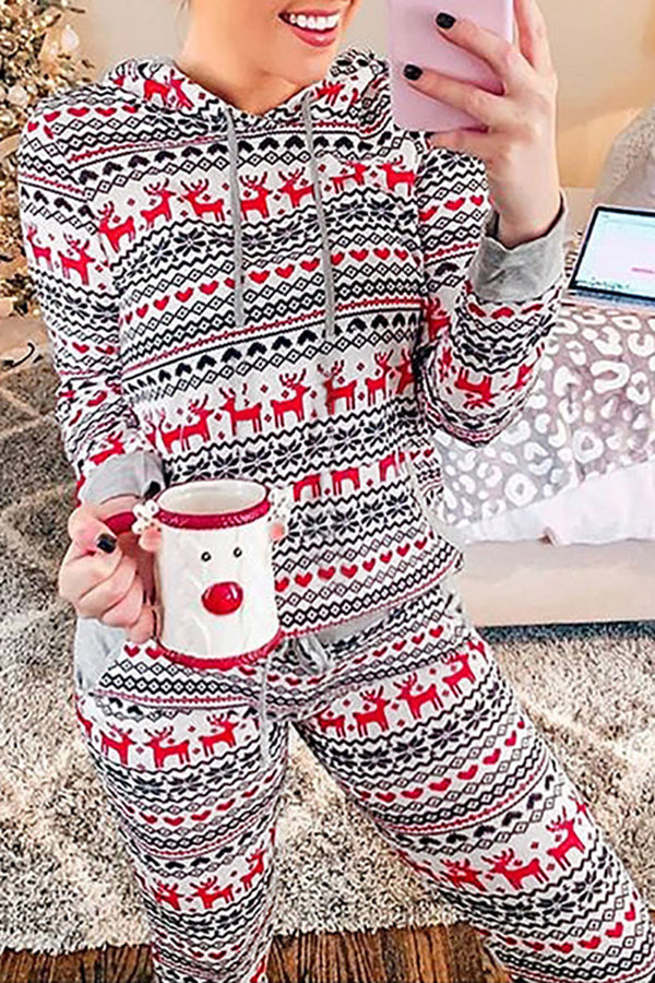 Christmas Plaid Print Hooded Drawstring Pockets Elastic Waist Pants Set