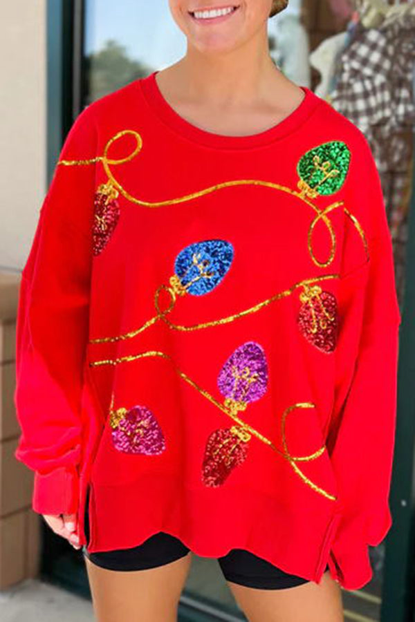 Christmas Lights Sequin Slit Pullover Sweatshirt