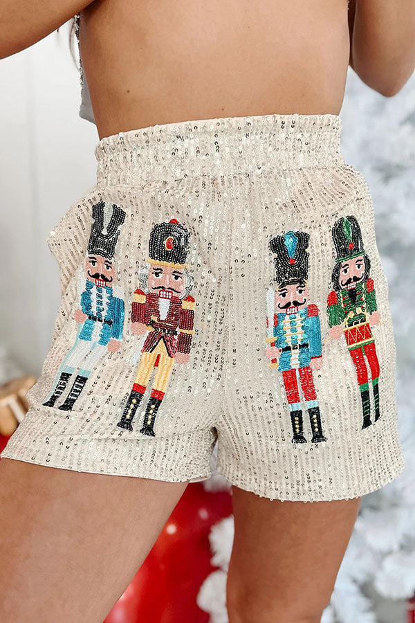 Magic of The Holidays Sequined Nutcracker Stretch Waist Pocket Shorts