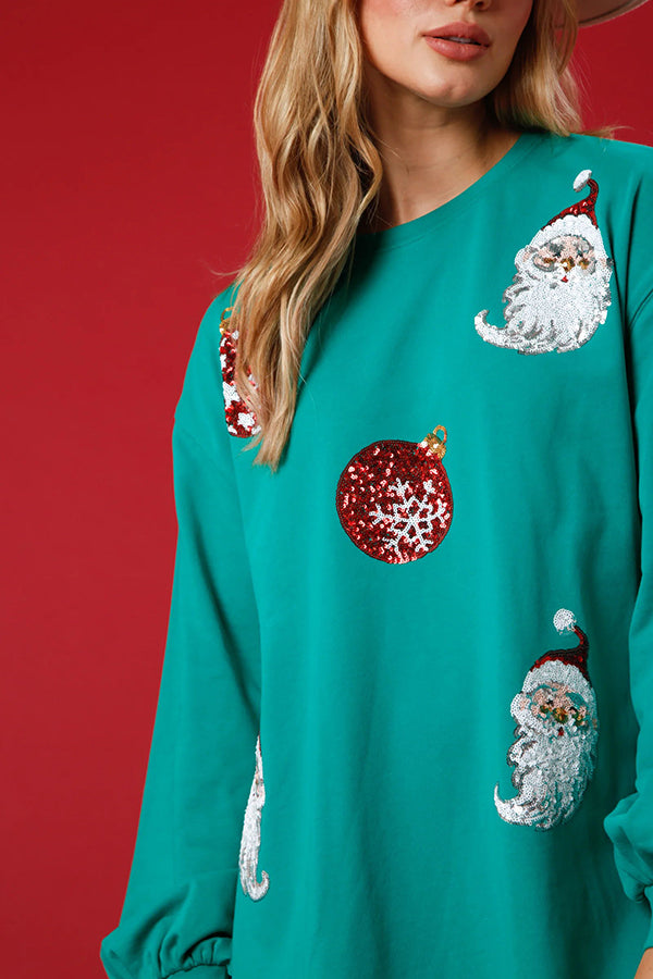 Santa Sequin Pullover Long Sleeve Pocket Mini Dress