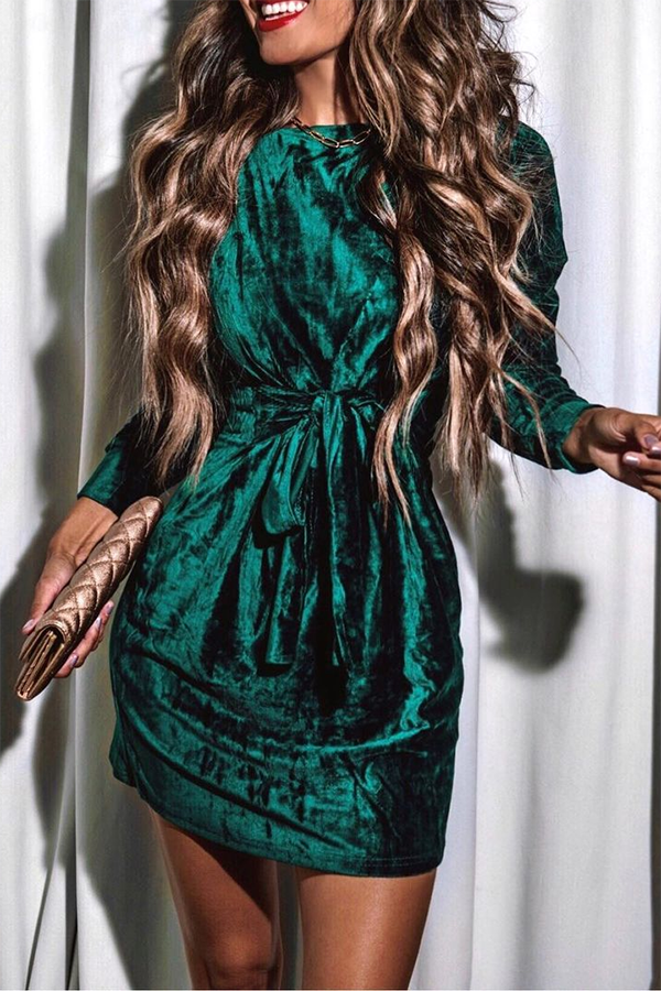 Christmas Tie Waist Velvet Round Neck Long Sleeve Mini Dress