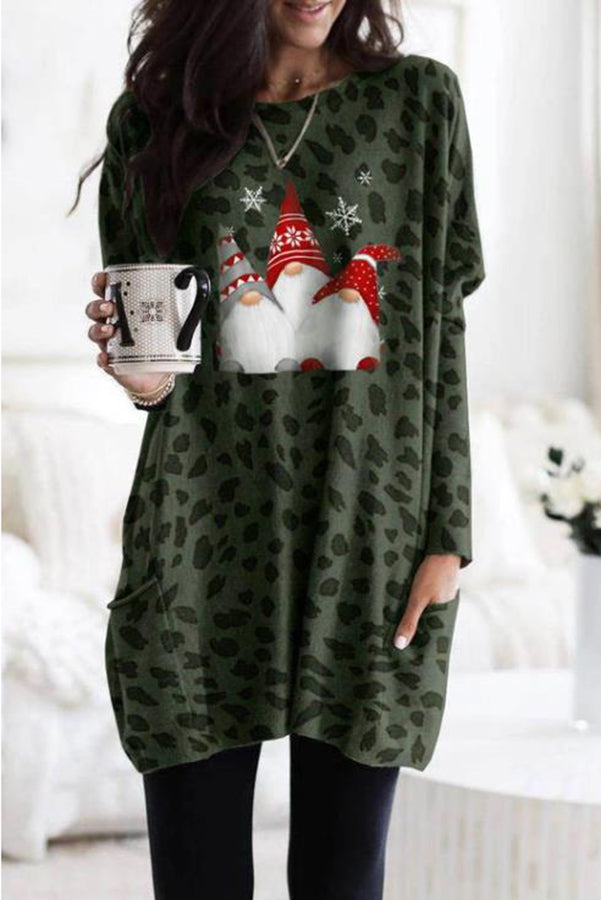 Long Sleeve Pocket Leopard Christmas Print Mini Dress