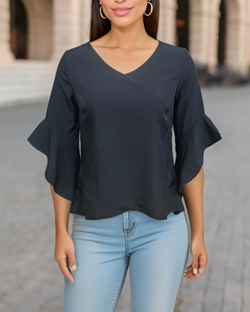 Seven-Quarter Flared Sleeves Black V-neck Shirt