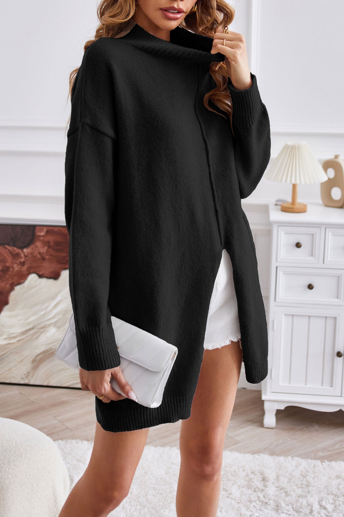 Half turtleneck mid-length slit sweater