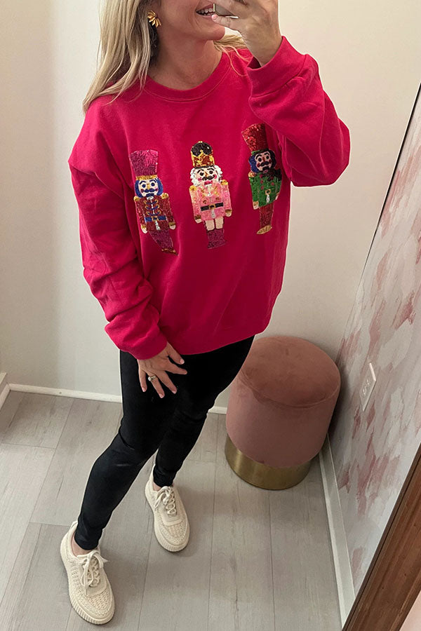 Nutcracker Sequin Round Neck Long Sleeve Sweatshirt