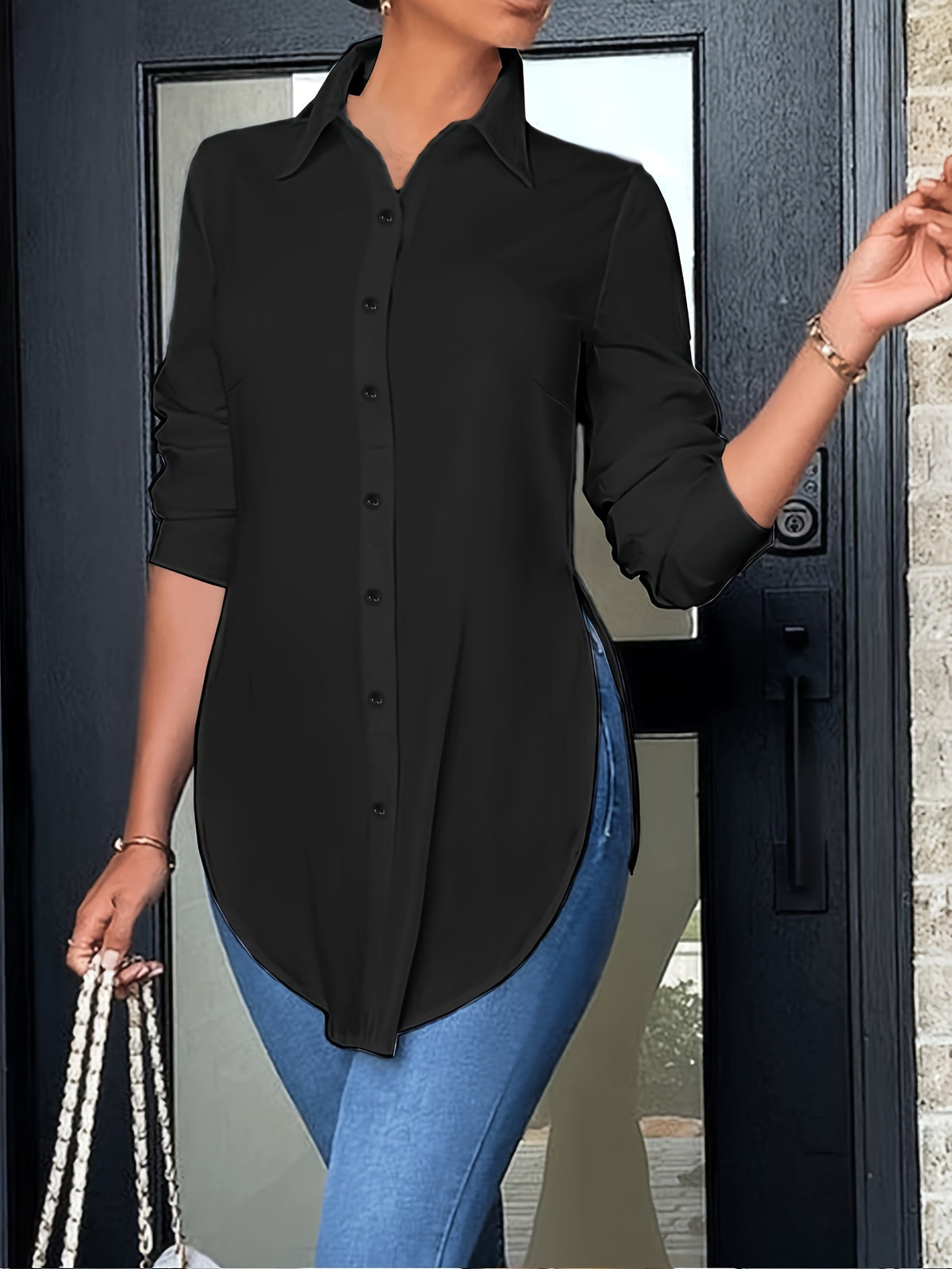 Long Sleeve Curved Hem Split Button Front Shirt