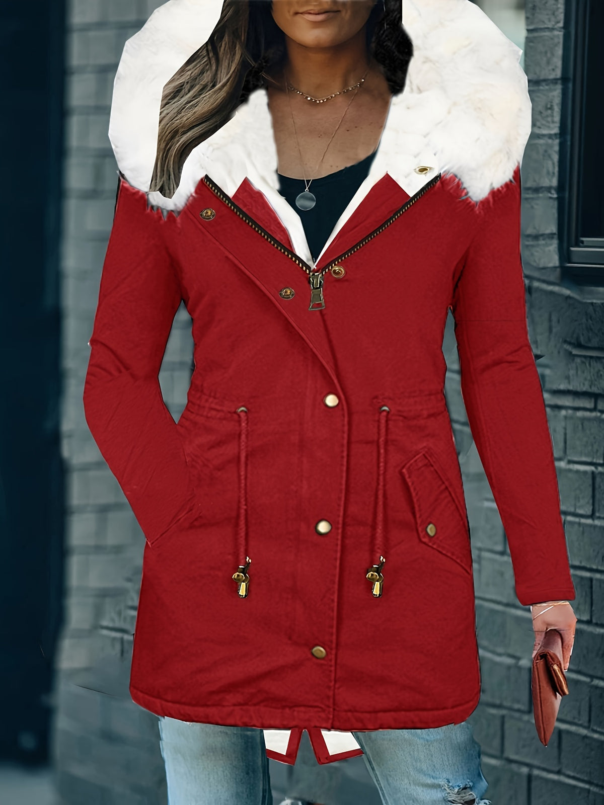 Faux Fur Hood Drawstring Parka Coat