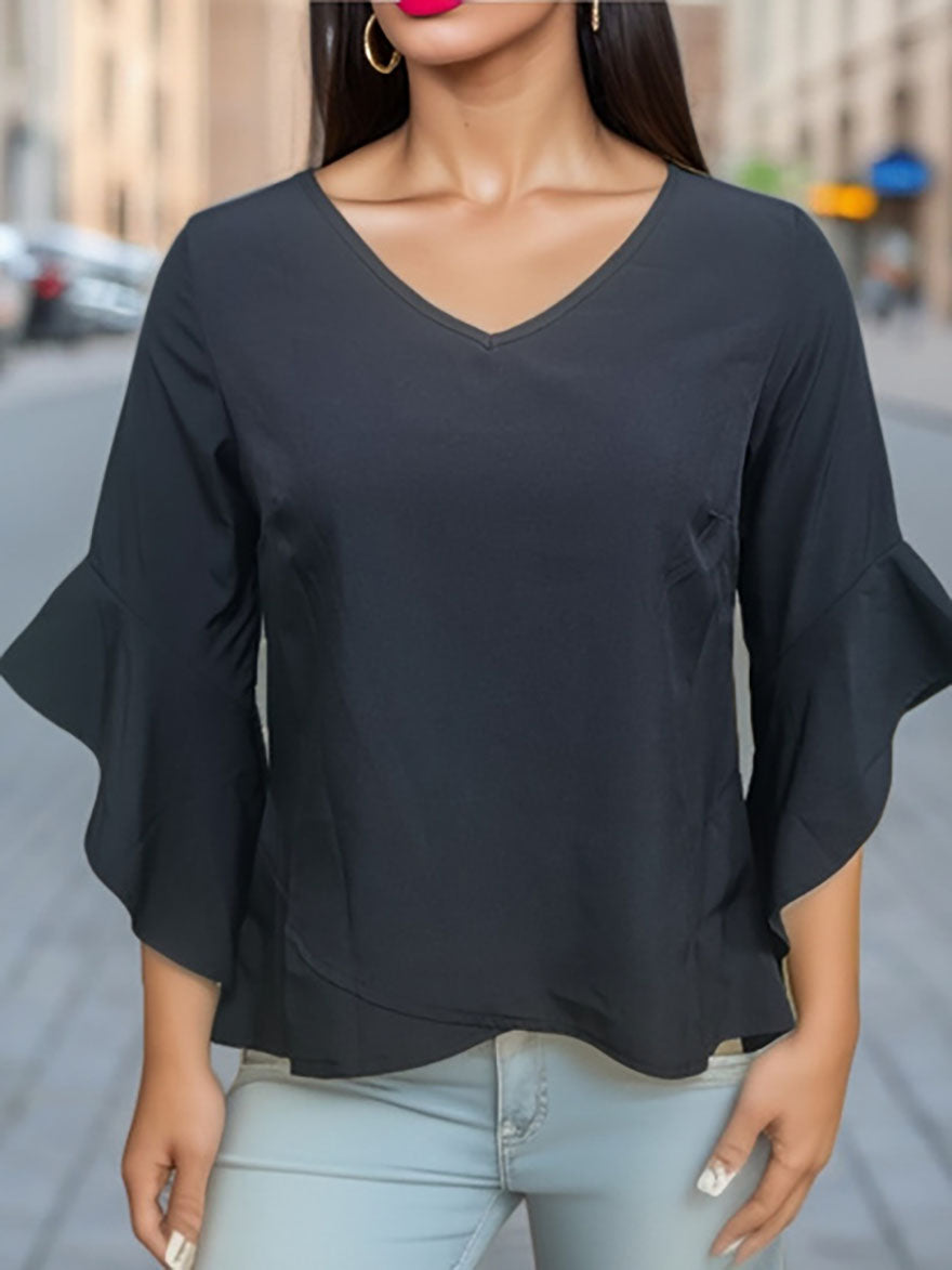 Seven-Quarter Flared Sleeves Black V-neck Shirt