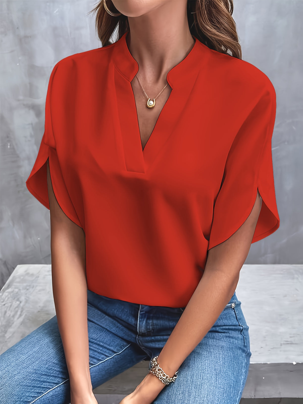 Short Split Sleeve Solid Color Notch Neck Blouse