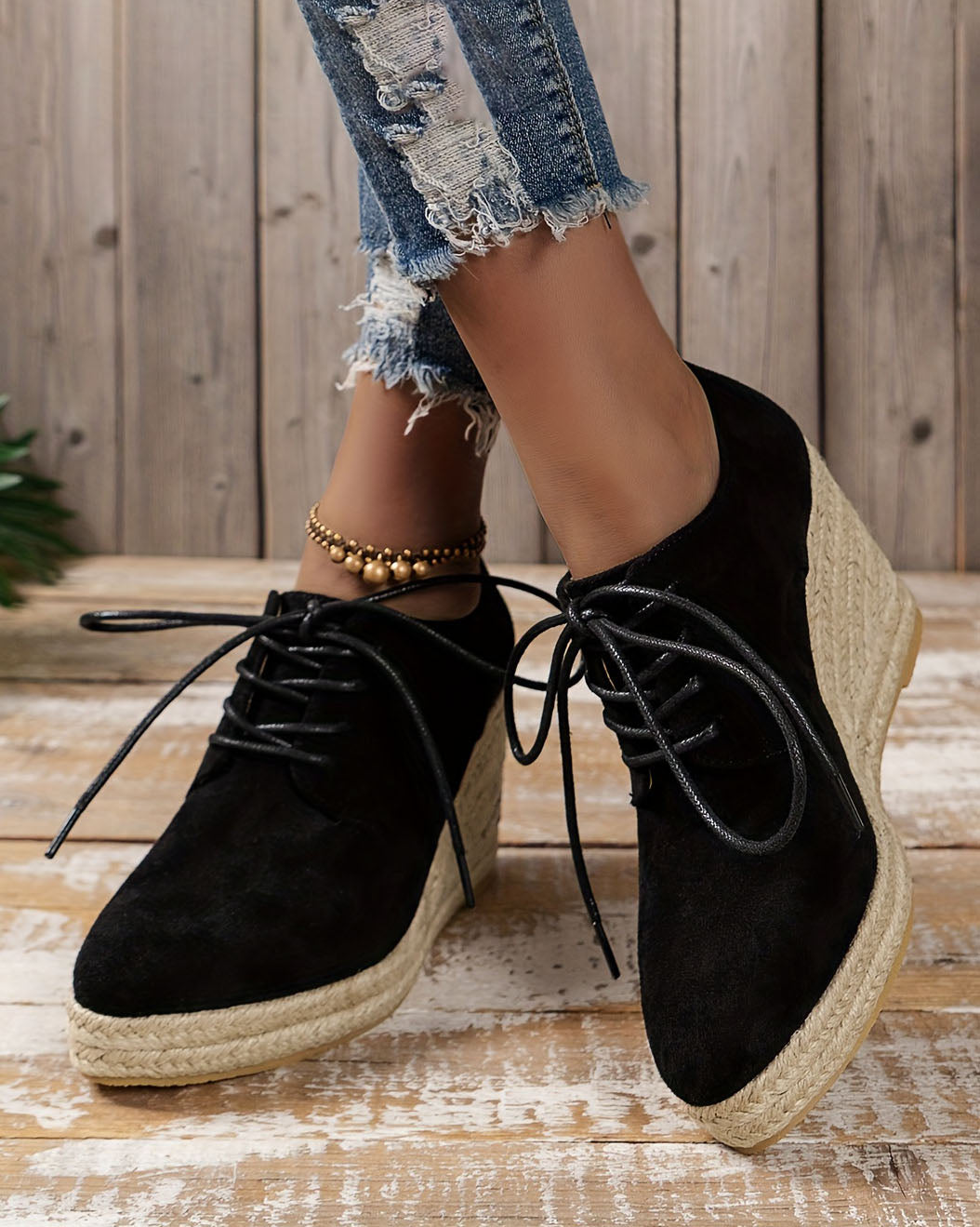 Espadrilles Round Toe Lace Up Low-top Platform Wedges