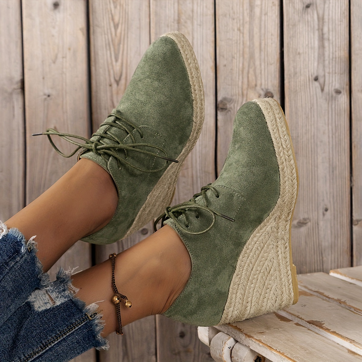 Espadrilles Round Toe Lace Up Low-top Platform Wedges