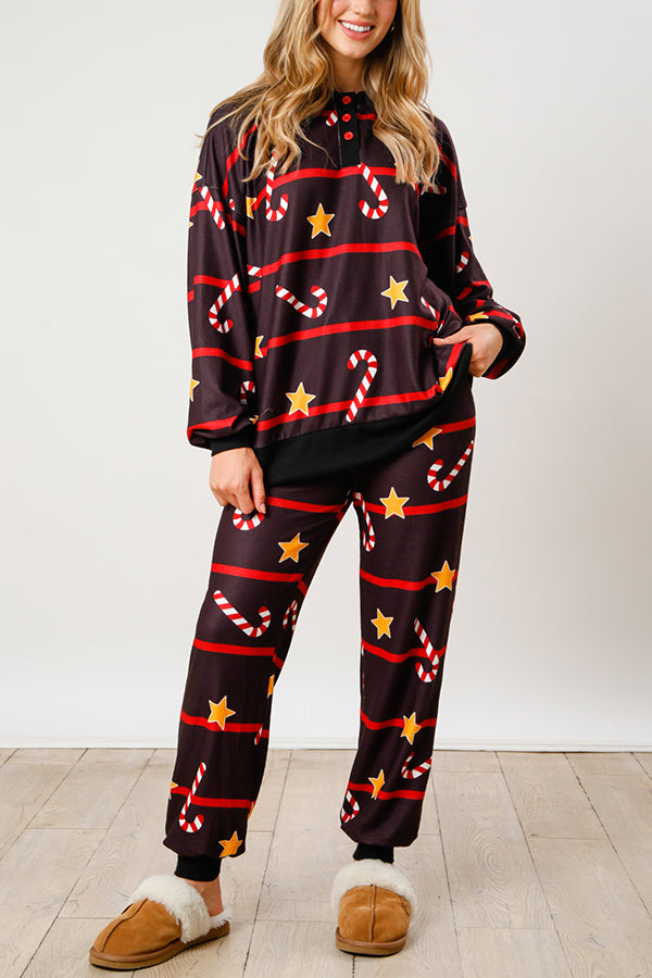 Christmas Print Button Long Sleeve Top and Elastic Waist Tie Pocket Pants Set