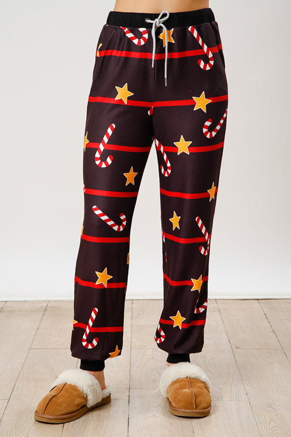 Christmas Print Button Long Sleeve Top and Elastic Waist Tie Pocket Pants Set