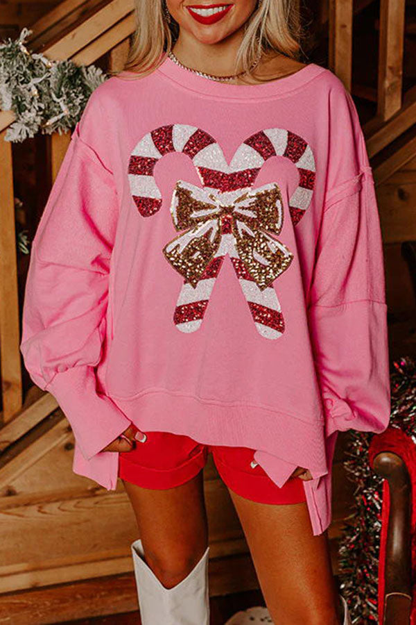 Candy Cane Lane Sequined Pullover Long Sleeved Sweatshirt