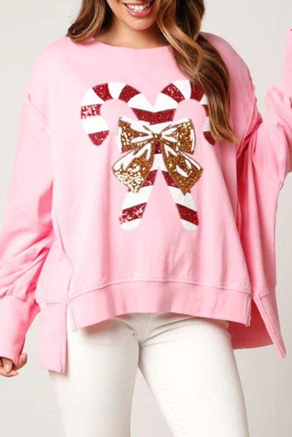 Candy Cane Lane Sequined Pullover Long Sleeved Sweatshirt