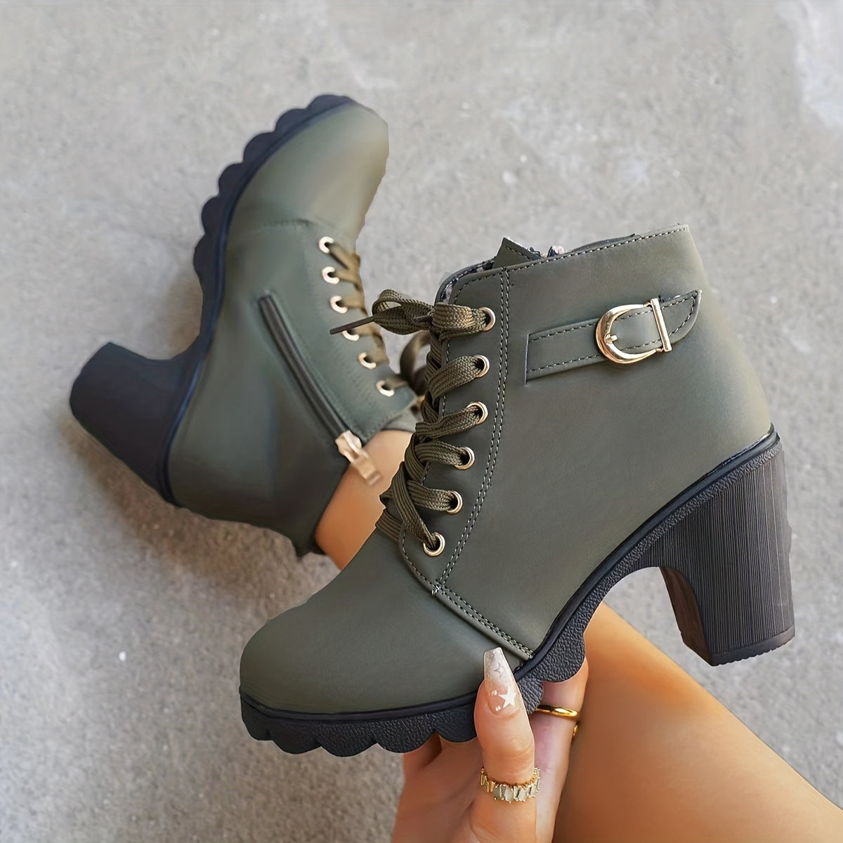 Lace Up Buckle Strap Chunky Heeled Ankle Boots