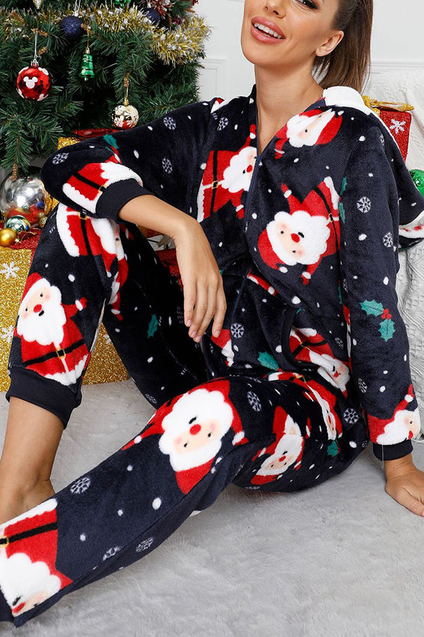 Festive Flavors Printed FlannelZipper Pocket Hooded Pajama Jumpsuit