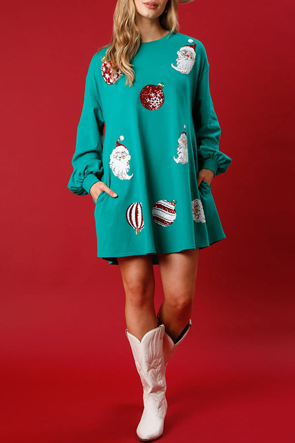 Santa Sequin Pullover Long Sleeve Pocket Mini Dress