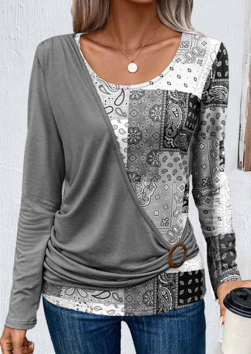 Printed patchwork long-sleeved knitted T-shirt