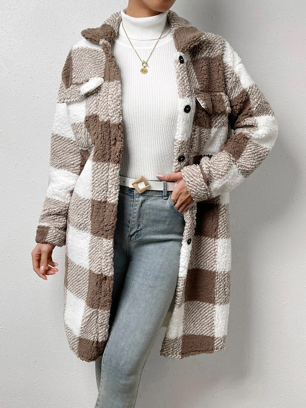 Button Front Long Sleeve Plaid Pattern Teddy Coat