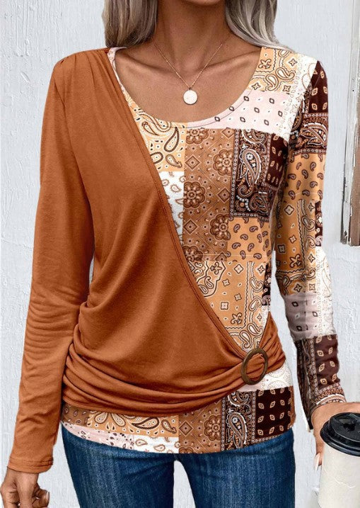 Printed patchwork long-sleeved knitted T-shirt