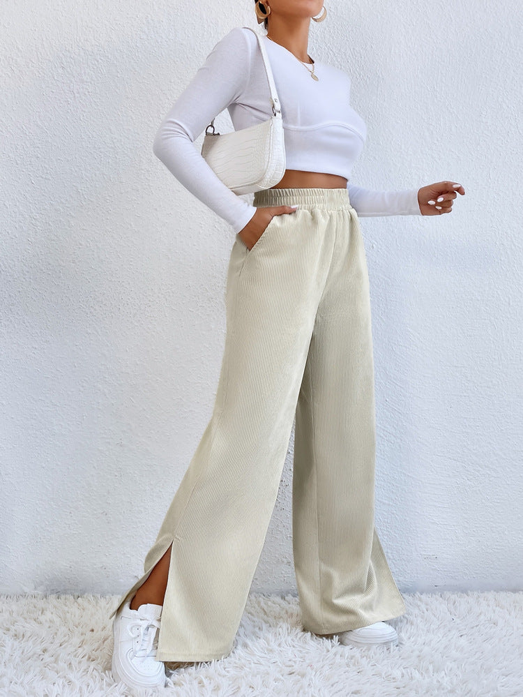 High waist corduroy slit hem trousers