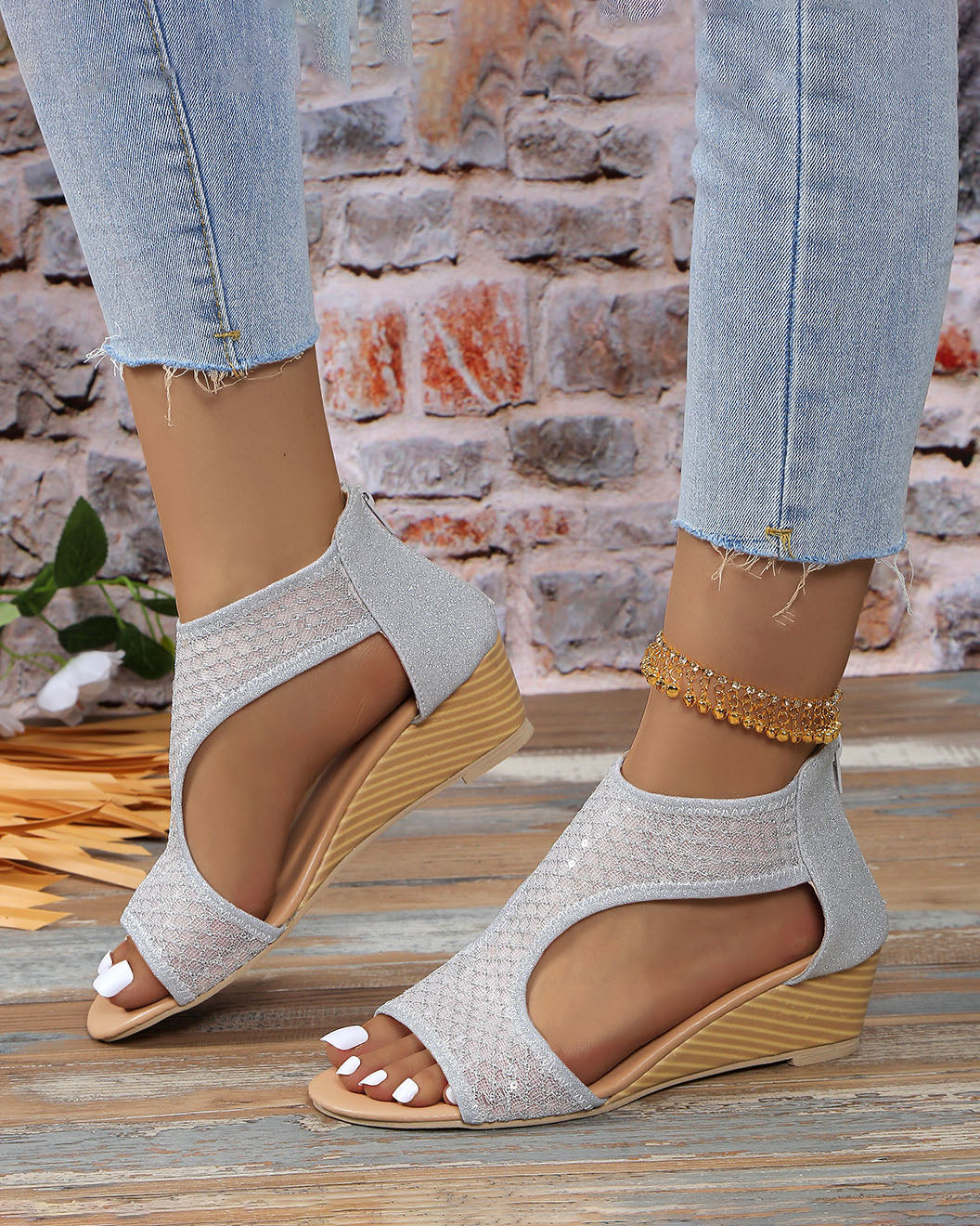 Shiny Breathable Mesh Platform Wedge Sandals