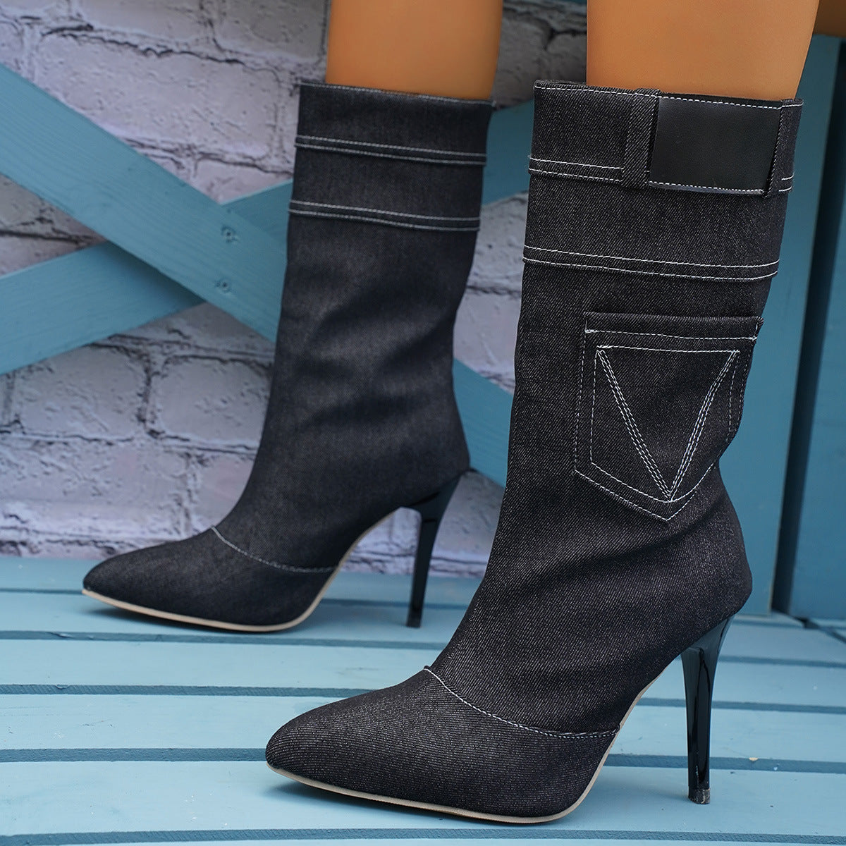 Stiletto High Heel Denim Rider Boots