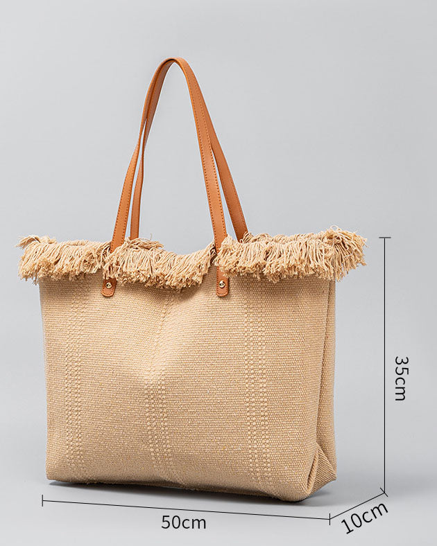 Bolso tote chic de lona con bordes con flecos